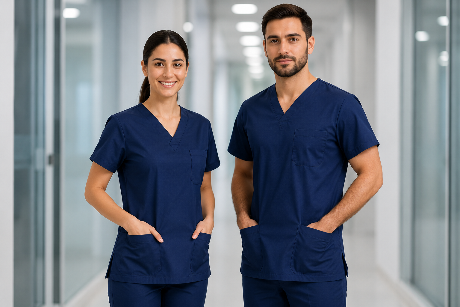 Tenues médicales professionnelles — scrubs bleu marine homme et femme par Unifia