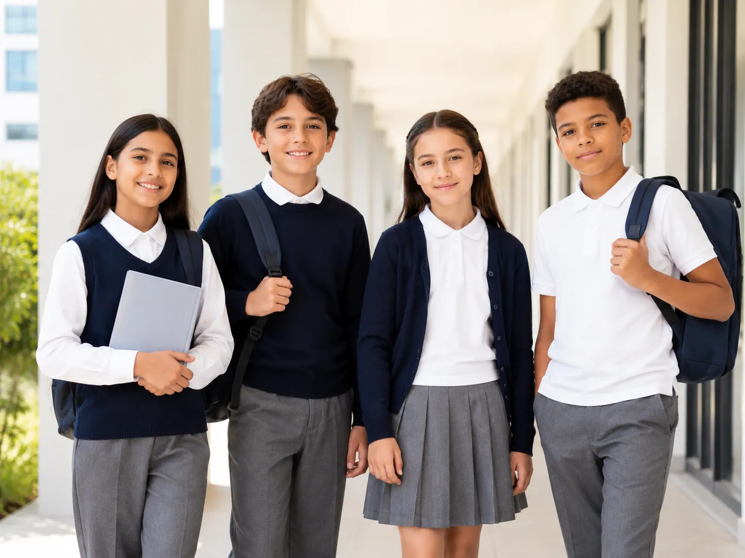 Élèves en uniformes scolaires coordonnés bleu marine et blanc